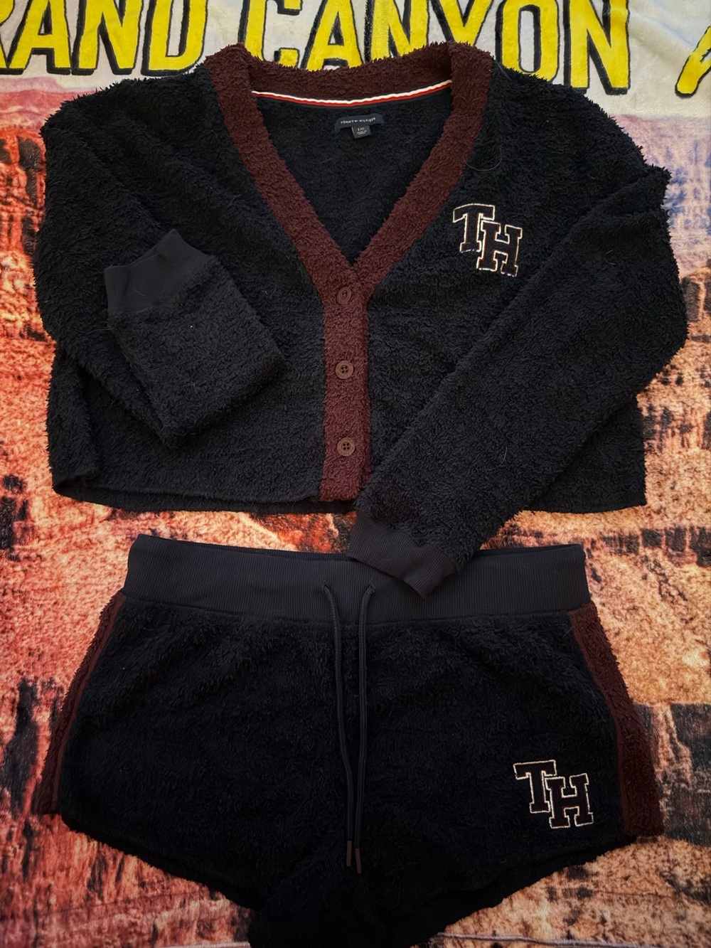 Tommy Hilfiger Navy & Burgundy Fuzzy Button Cardigan & Short Set